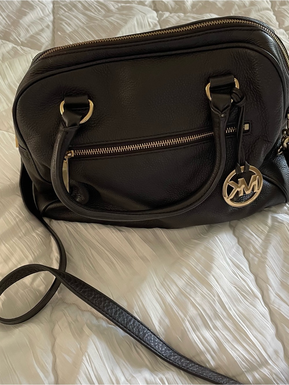 Michael Kors Black Pebbled Leather Satchel with Gold Hardware